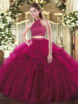 Tulle Sleeveless Floor Length Sweet 16 Quinceanera Dress and Beading and Ruffles