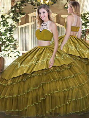 Olive Green Sleeveless Tulle Backless Sweet 16 Dress for Military Ball and Sweet 16 and Quinceanera