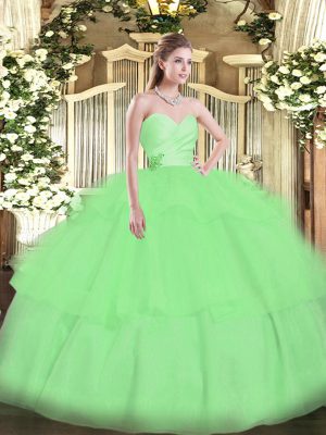 Apple Green Ball Gowns Organza Sweetheart Sleeveless Beading and Ruffled Layers Floor Length Lace Up Sweet 16 Quinceanera Dress