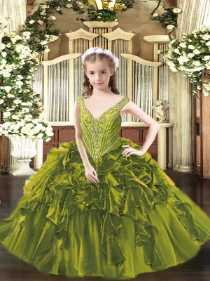 Custom Design Beading and Ruffles Pageant Dress for Teens Olive Green Lace Up Sleeveless Floor Length