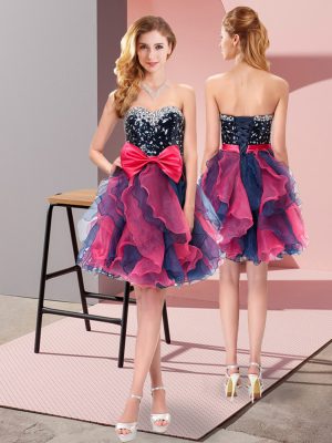 Nice Multi-color Lace Up Wedding Party Dress Beading and Ruffles and Bowknot Sleeveless Mini Length