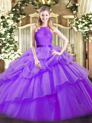 Artistic Eggplant Purple Organza Zipper 15th Birthday Dress Sleeveless Floor Length Lace and Ruffled Layers