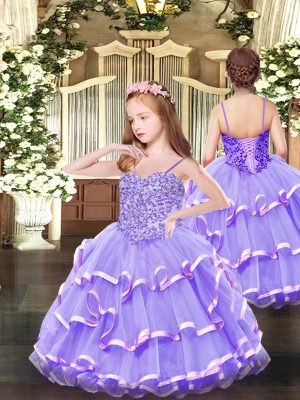 Lavender Spaghetti Straps Neckline Appliques and Ruffled Layers Party Dress for Girls Sleeveless Lace Up