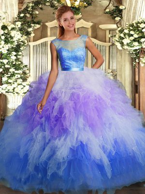 Multi-color Ball Gowns Lace and Ruffles Sweet 16 Quinceanera Dress Backless Organza Sleeveless Floor Length