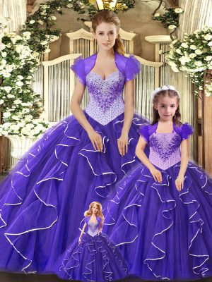 High Class Scoop Sleeveless Lace Up Quince Ball Gowns Purple Tulle