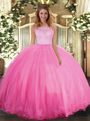 Rose Pink Sleeveless Floor Length Lace Clasp Handle Sweet 16 Dresses