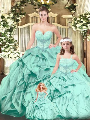 Organza Sweetheart Sleeveless Lace Up Beading and Ruffles Sweet 16 Dress in Aqua Blue