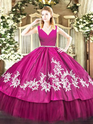 Pretty Floor Length Fuchsia Vestidos de Quinceanera V-neck Sleeveless Zipper