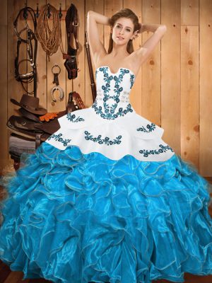 Sleeveless Floor Length Embroidery and Ruffles Lace Up Sweet 16 Dresses with Teal