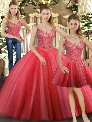 Floor Length Coral Red Quince Ball Gowns Straps Sleeveless Lace Up