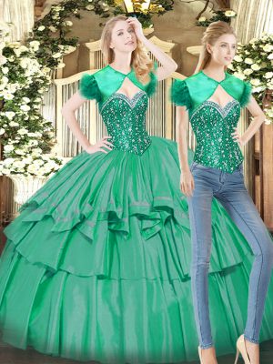 High Quality Floor Length Lace Up 15th Birthday Dress Turquoise for Military Ball and Sweet 16 and Quinceanera with Beading and Ruffled Layers