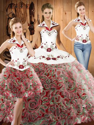 Multi-color Fabric With Rolling Flowers Lace Up Halter Top Sleeveless Vestidos de Quinceanera Sweep Train Embroidery