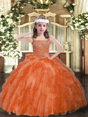 Best Orange Red Little Girls Pageant Dress Wholesale Sweet 16 and Quinceanera with Beading and Ruffles Straps Sleeveless Lace Up