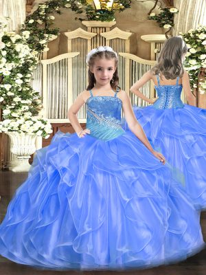 High Class Floor Length Blue Juniors Party Dress Organza and Sequined Sleeveless Ruffles and Sequins