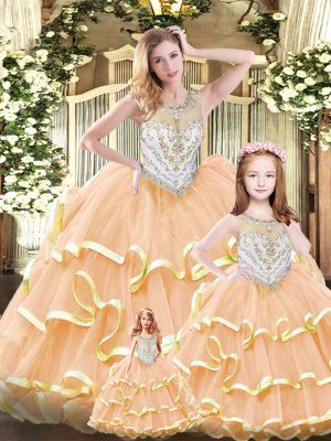 Scoop Sleeveless Lace Up 15th Birthday Dress Peach Tulle