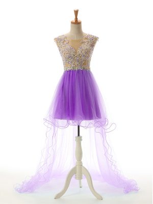 Stunning Sleeveless High Low Appliques Backless Prom Dress with Eggplant Purple