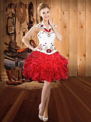 Eye-catching Red Prom Dress Prom and Party with Embroidery and Ruffles Halter Top Sleeveless Lace Up