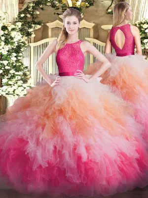 Custom Design Organza Sleeveless Floor Length Vestidos de Quinceanera and Lace and Ruffles