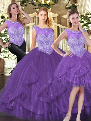 Deluxe Sleeveless Floor Length Beading and Ruffles Zipper Quinceanera Gown with Purple
