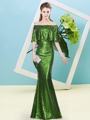 Green Mermaid Off The Shoulder Half Sleeves Sequined Floor Length Zipper Sequins Dress for Prom