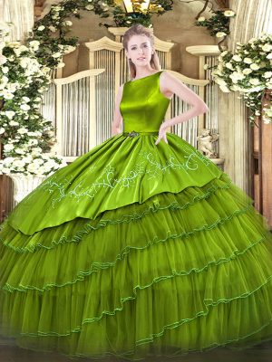 Olive Green Lace Up Quinceanera Gown Embroidery and Ruffled Layers Sleeveless Floor Length