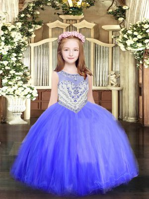 Baby Blue Scoop Neckline Beading Little Girls Pageant Gowns Sleeveless Zipper