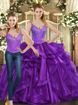 Purple Two Pieces Organza Straps Sleeveless Beading and Ruffles Floor Length Lace Up Sweet 16 Quinceanera Dress