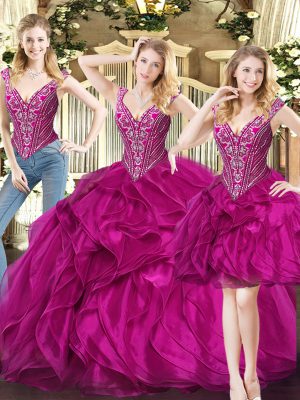 On Sale Fuchsia 15th Birthday Dress Military Ball and Sweet 16 and Quinceanera with Ruffles V-neck Sleeveless Lace Up