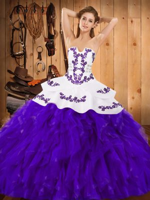 Great White And Purple Sweet 16 Dress Military Ball and Sweet 16 and Quinceanera with Embroidery and Ruffles Strapless Sleeveless Lace Up