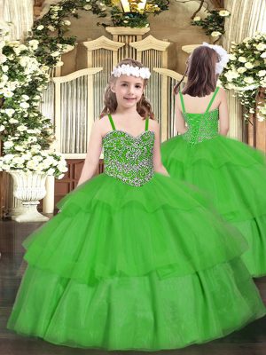 Organza Straps Sleeveless Lace Up Beading and Ruffled Layers Child Pageant Dress in Green