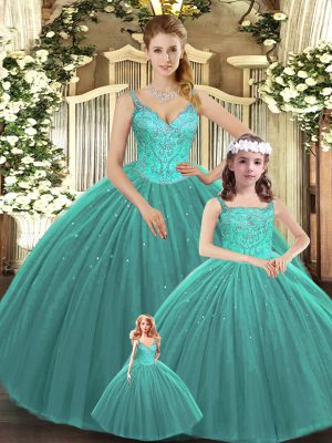 Straps Sleeveless Lace Up Sweet 16 Dresses Turquoise Tulle