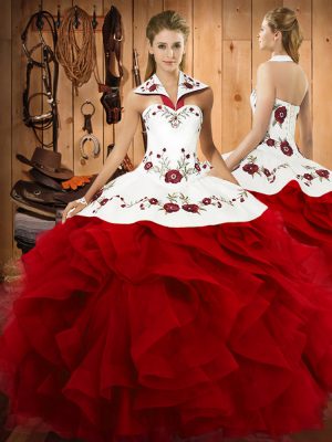 Captivating Wine Red Sleeveless Embroidery and Ruffles Floor Length 15 Quinceanera Dress