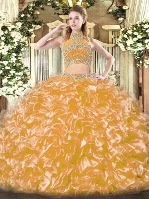 Exquisite High-neck Sleeveless Sweet 16 Quinceanera Dress Floor Length Beading and Ruffles Gold Tulle