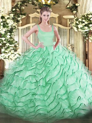 Perfect Brush Train Ball Gowns 15th Birthday Dress Apple Green Straps Organza Sleeveless Zipper