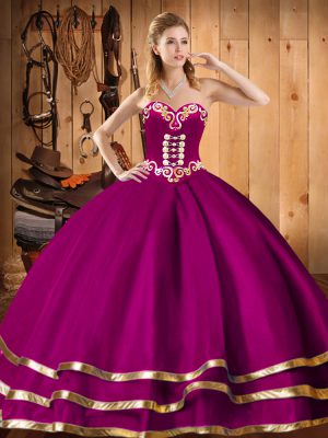 Floor Length Lace Up Quinceanera Dress Fuchsia for Military Ball and Sweet 16 and Quinceanera with Embroidery