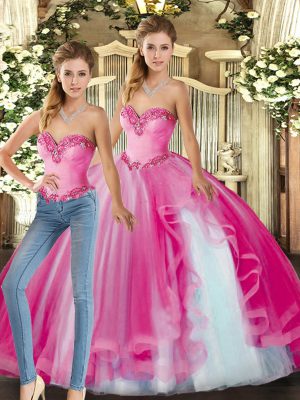 Baby Pink Sweetheart Lace Up Ruffles Quince Ball Gowns Sleeveless