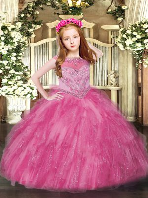 Hot Pink Sleeveless Floor Length Beading and Ruffles Zipper Child Pageant Dress