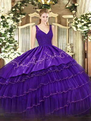 Amazing Purple Ball Gown Prom Dress Sweet 16 and Quinceanera with Beading and Embroidery and Ruffled Layers V-neck Sleeveless Zipper
