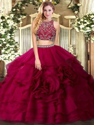 Super Tulle High-neck Sleeveless Zipper Beading and Ruffled Layers Ball Gown Prom Dress in Fuchsia