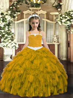 Brown Sleeveless Appliques and Ruffles Floor Length Girls Pageant Dresses