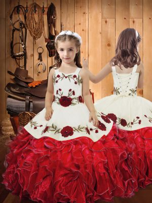 Fashionable Red Sleeveless Embroidery and Ruffles Floor Length Kids Pageant Dress