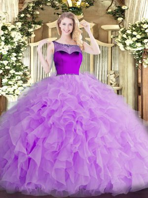 High Quality Scoop Sleeveless Quinceanera Gowns Floor Length Beading and Ruffles and Hand Made Flower Lavender Organza
