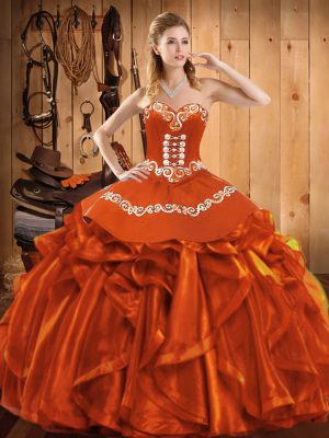 Rust Red Sweetheart Lace Up Embroidery and Ruffles Quinceanera Dresses Sleeveless