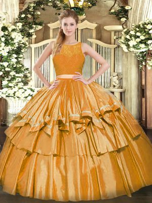 Floor Length Gold Quinceanera Dress Tulle Sleeveless Ruffled Layers
