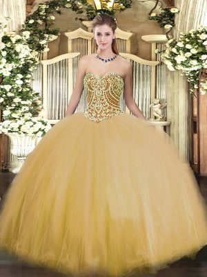 High Quality Gold Lace Up Sweetheart Beading Sweet 16 Dresses Tulle Sleeveless