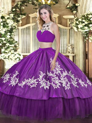 Glorious Floor Length Two Pieces Sleeveless Purple 15 Quinceanera Dress Backless