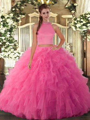 Latest Hot Pink Two Pieces Beading and Ruffles Quinceanera Dress Backless Tulle Sleeveless Floor Length