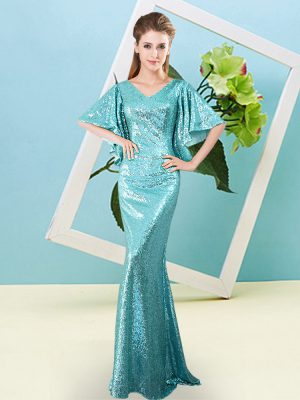 Aqua Blue Mermaid V-neck Half Sleeves Sequined Floor Length Zipper Sequins Prom Party Dress