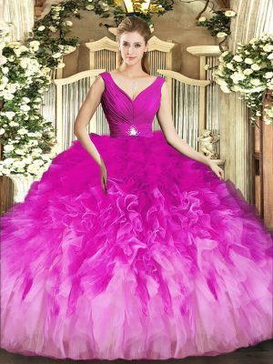 High End Fuchsia Ball Gowns Tulle V-neck Sleeveless Beading and Ruffles Floor Length Backless 15th Birthday Dress