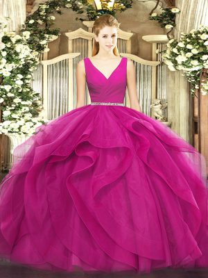 Designer Floor Length Fuchsia Quinceanera Dresses V-neck Sleeveless Zipper